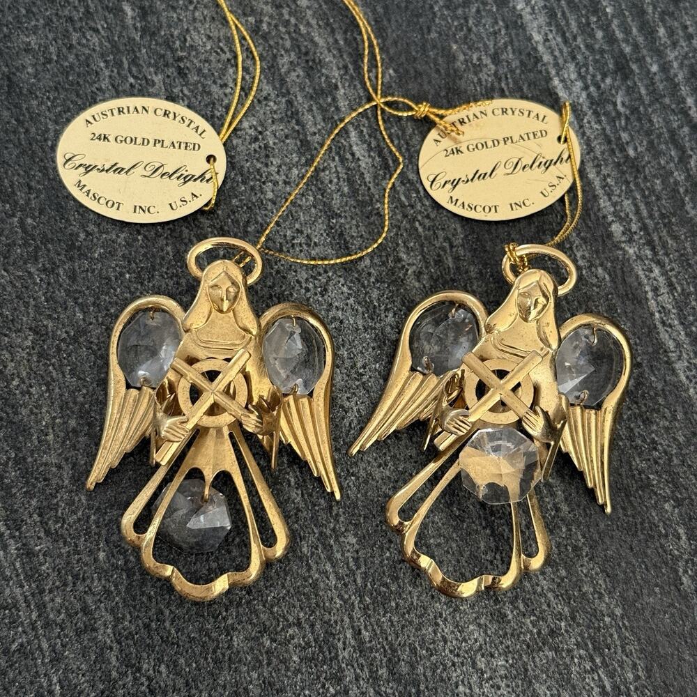 2 Austrian Crystal Mascot Intl.‎ 24K Gold Plated Sm ANGEL Heart Sun Catcher 1996